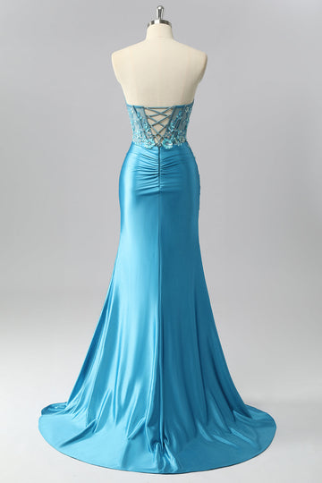 Robe De Soirée sans bretelles corset bleu sirène en satin avec appliques